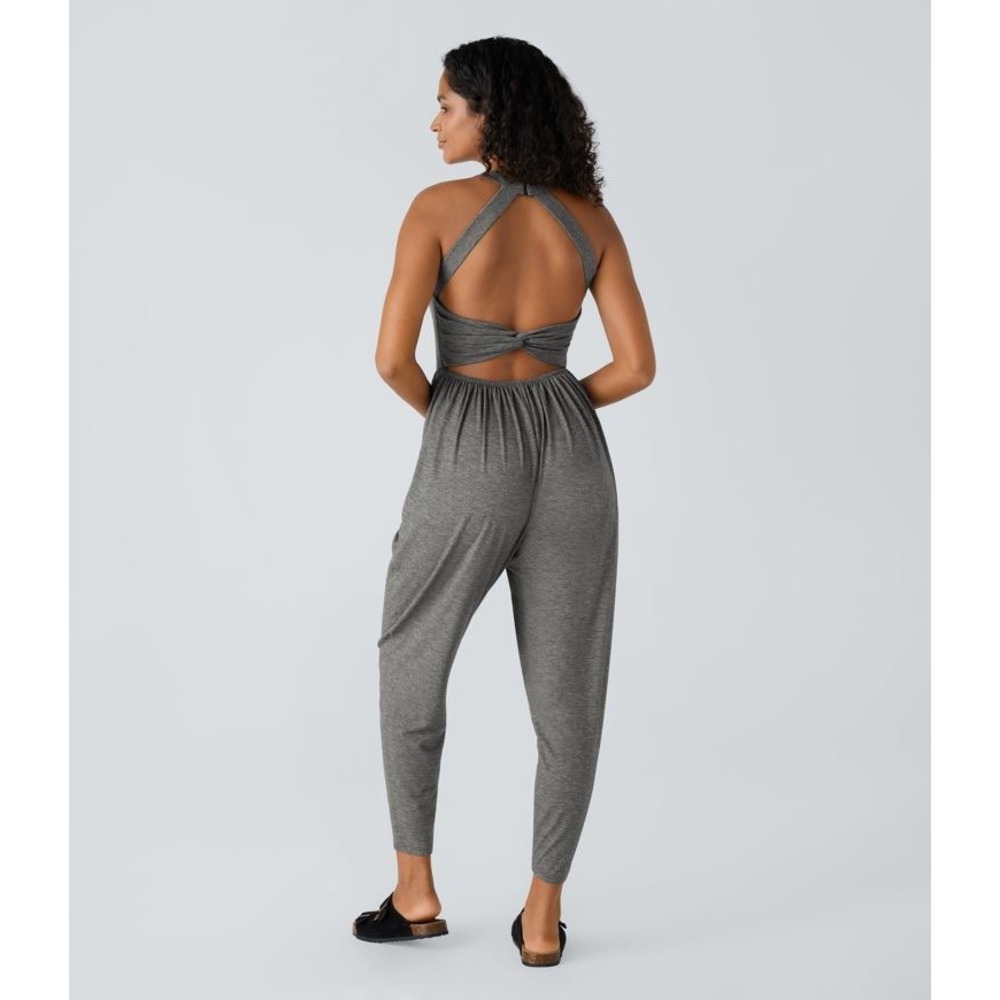 Halara U Neck Pocket Harem Gray Heathered Twist Back Halter Jumpsuit Size Medium - Picture 2 of 9